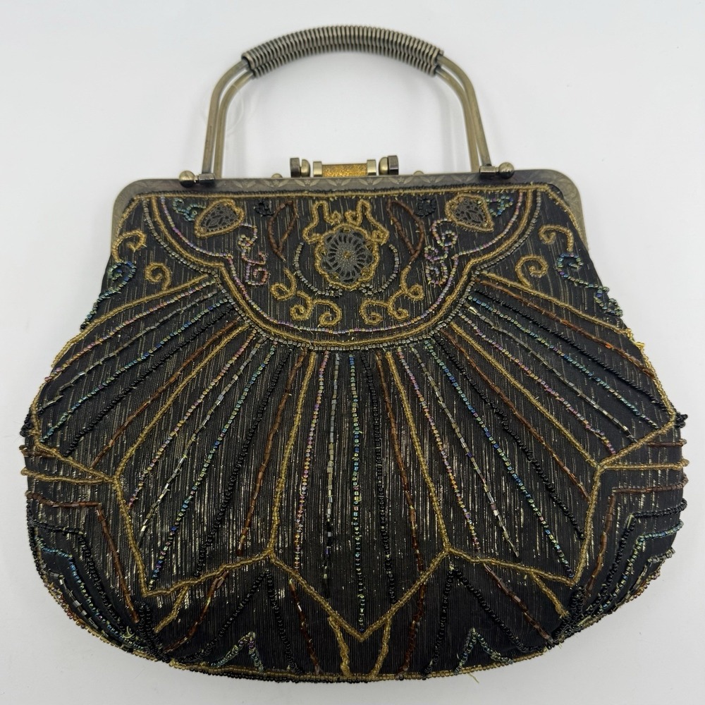 Antique Art Deco‎ Beaded Evening Purse Handbag Iridescent Glass Beads Vintage